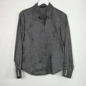 Alfani Women's 100% Silk Long Sleeve Geometric Black And White Shirt Size 10